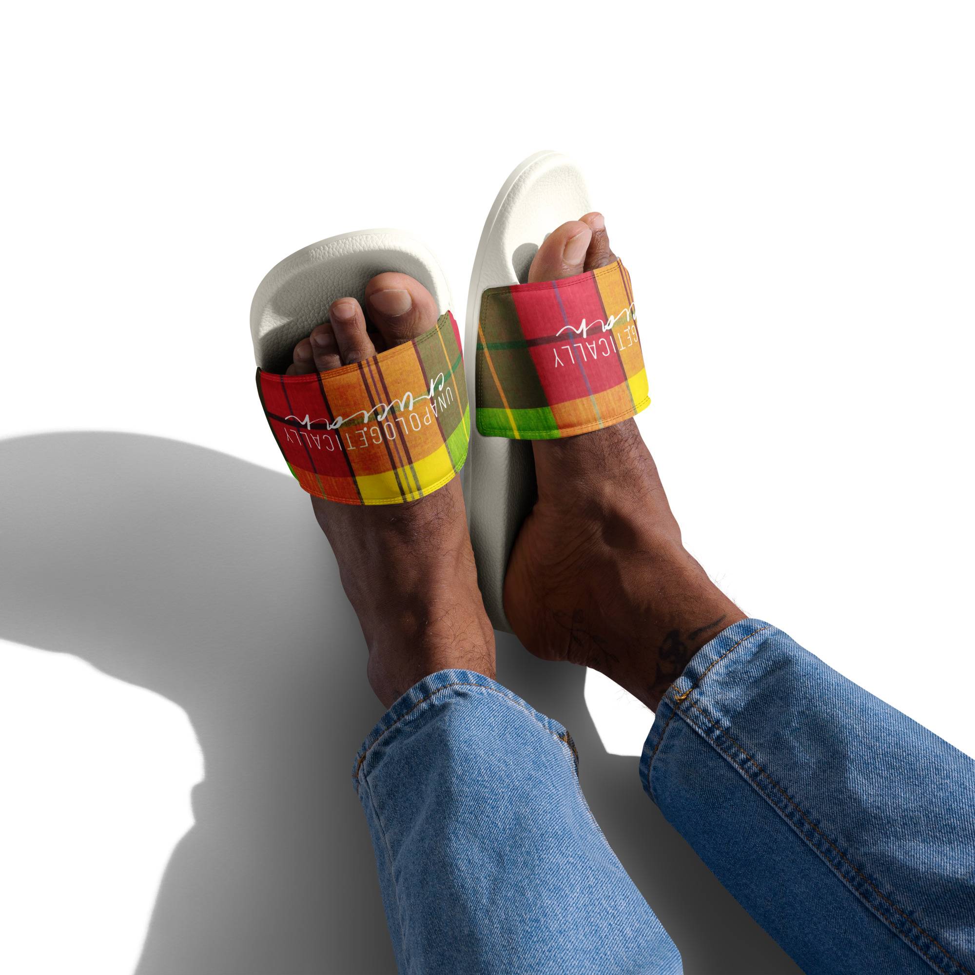 "Unapologetically Crucian"  Madras Men’s slides